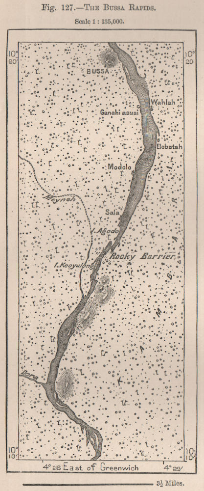 The Bussa Rapids (now Lake Kainji) Nigeria. The Niger Basin 1885 old map